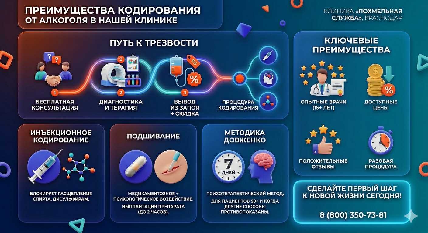 Инфографика о методах кодирования от алкоголя в Ангарске: инъекции, подшивание, метод Довженко. Преимущества клиники и этапы лечения.